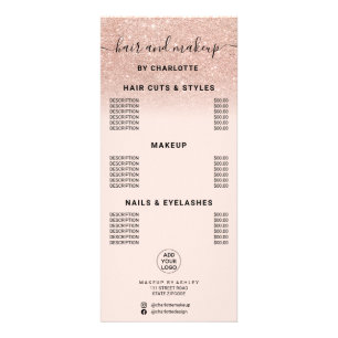Roos goudglitter kalligrafie, make-up prijs reclamekaart