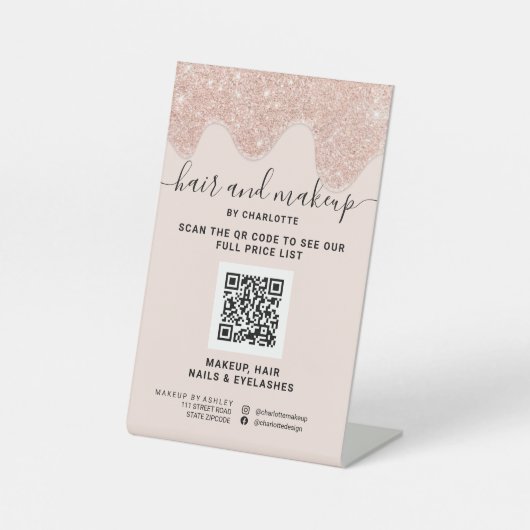 Roos goudglitter maakt digitale QR-prijs Reclamebord Met Voetstuk (Voorkant)
