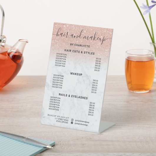 Roos goudglitter marmer marmer make-up salon reclamebord met voetstuk (Insitu)