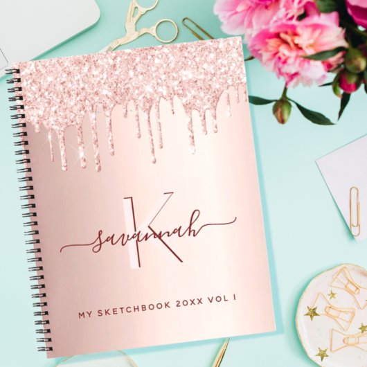 Roos goudglitter roze monogram notitieboek
