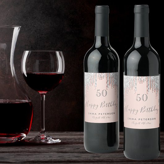 Roos goudglitter roze zilver wijn etiket