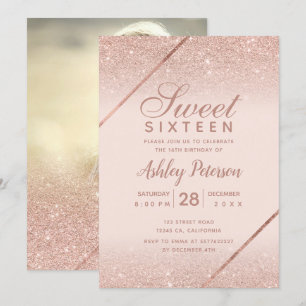 Roos goudglitter script foto lichtroze Sweet 16 Kaart