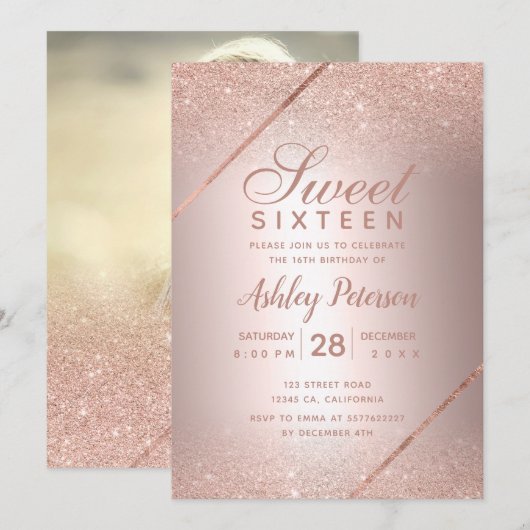 Roos goudglitter script foto metallic Sweet 16 Kaart (Voorkant / Achterkant)