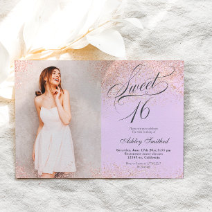 roos goudglitter script lavender foto Sweet 16 Kaart