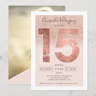 Roos goudglitter-script zwart op quinceanera-foto kaart