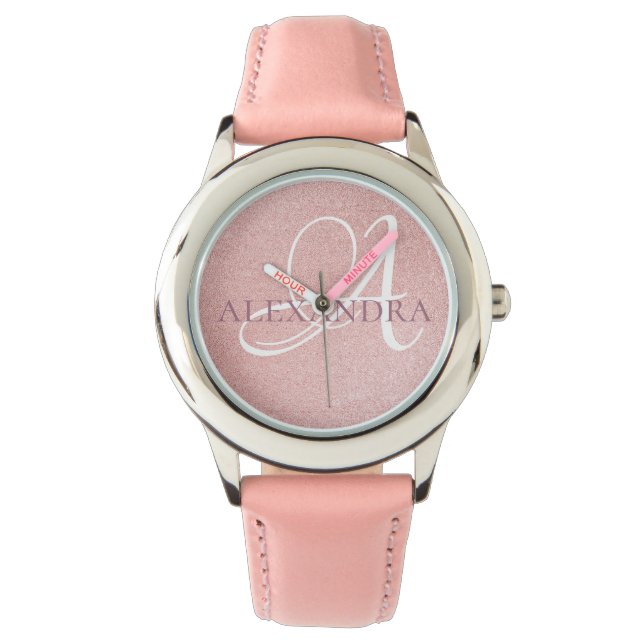 Roos goudglitter sonde Monogram Horloge (Voorkant)