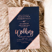 Roos goudglitter typografie navy blue bruiloft kaart