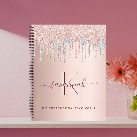 Roos goudglitter zilverroze monogram notitieboek