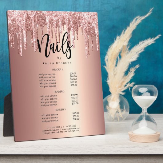 Roos goudglitterdripnagels, koper fotoplaat (Zijkant)