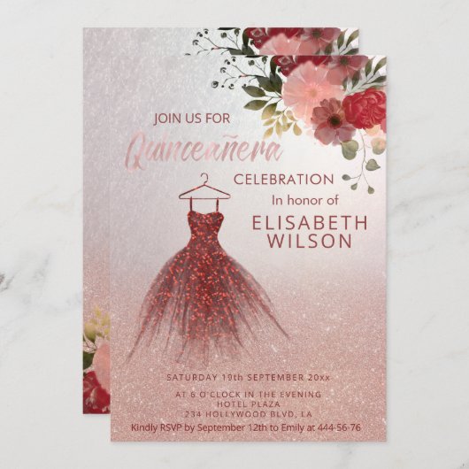 Roos goudglitterkruid Quinceañera Kaart (Voorkant / Achterkant)