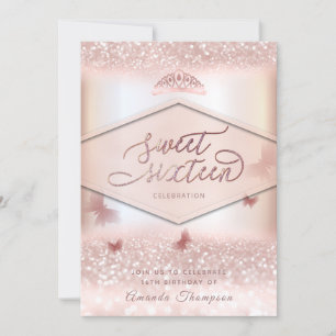 Roos goudglittervlinderkalligrafie kaart