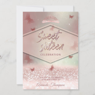 Roos goudglittervlinderkalligrafie kaart