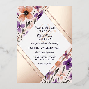 Roos goudkoraal Violet Flower Waterverf Weddenscha Folie Uitnodiging