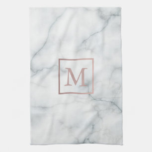 roos goudmonogram op witte marmer theedoek