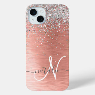 Roos goudpenseel Glitter Monogram iPhone 15 Mini Hoesje