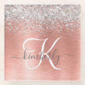 Roos goudpenseel Glitter Monogram Glazen Onderzetter (Voorkant)