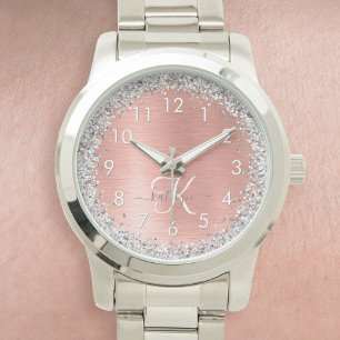 Roos goudpenseel Glitter Monogram Horloge