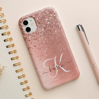 Roos goudpenseel Glitter Monogram iPhone 15 Hoesje