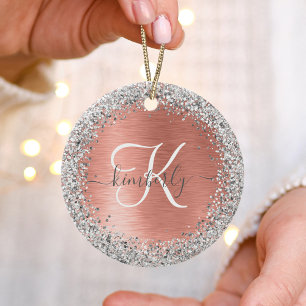 Roos goudpenseel Glitter Monogram Keramisch Ornament