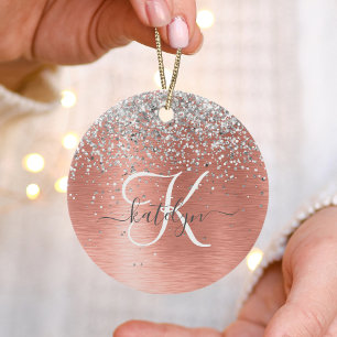 Roos goudpenseel Glitter Monogram Keramisch Ornament