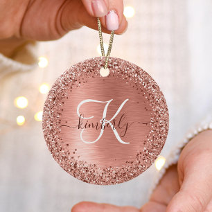 Roos goudpenseel Glitter Monogram Keramisch Ornament