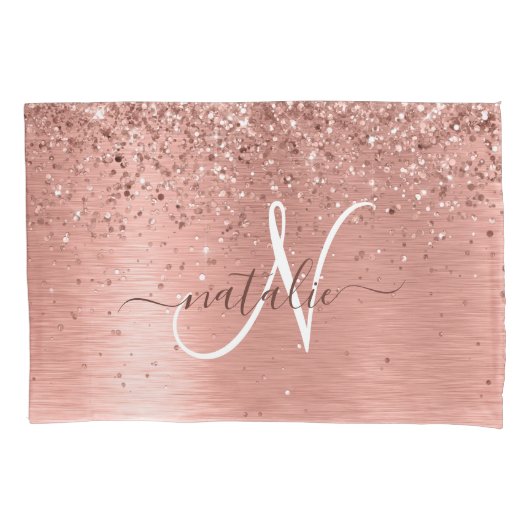 Roos goudpenseel Glitter Monogram Kussensloop (Voorkant)