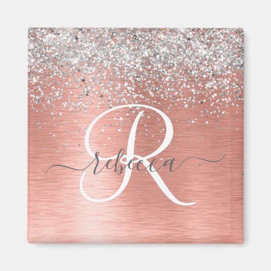 Roos goudpenseel Glitter Monogram Magneet (Voorkant)