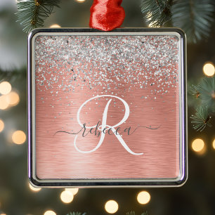 Roos goudpenseel Glitter Monogram Metalen Ornament