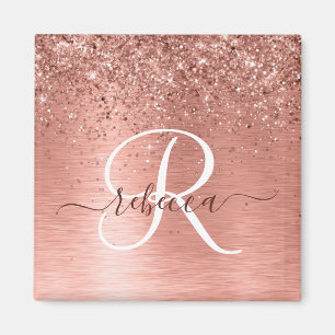 Roos goudpenseel Glitter Monogram Naam Magneet