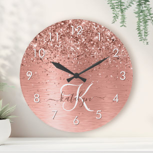 Roos goudpenseel Glitter Monogram Ronde Klok