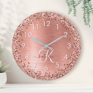 Roos goudpenseel Glitter Monogram Ronde Klok