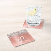 Roos goudpenseel Glitter Monogram Vierkante Kartonnen Onderzetter (Insitu)