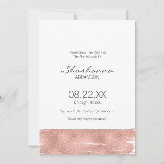 Roos goudpenseelstreek op Mitzvah slaat de datum o Save The Date (Voorkant)