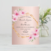 Roos goudroze floralen geometrische bruiloft kaart (Staand voorkant)