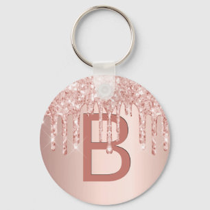 Roos goudroze glitter druppelaar monogram sleutelhanger