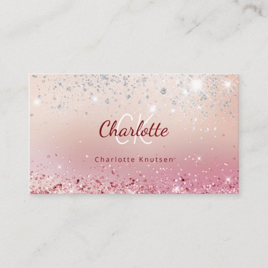 Roos goudroze glittermonogram initiaal visitekaartje (Voorkant)