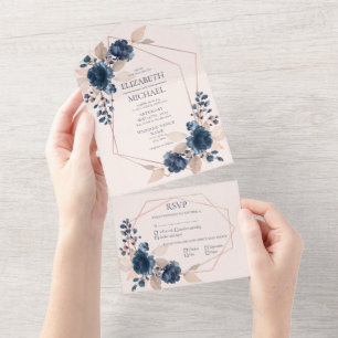 Roos goudroze marineblauw geometrische Floral All In One Uitnodiging