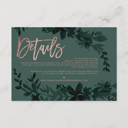 Roos goudscript Floral green bruiloft direction Informatiekaartje (Voorkant)
