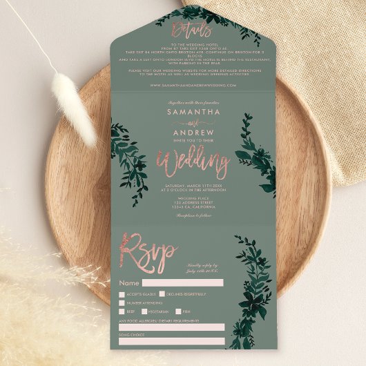 Roos goudscript Floral sage green elegant bruiloft All In One Uitnodiging