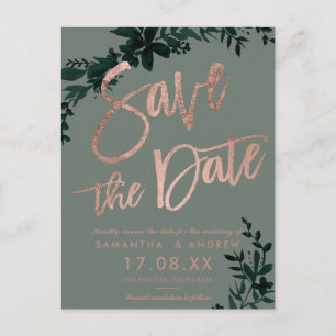 Roos goudscript Floral sage green save the date Aankondigingskaart