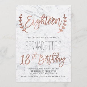 Roos goudtipografie veren marmer 18e verjaardag kaart