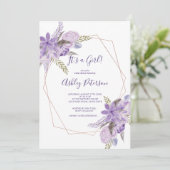 Roos goudwaterverf paars floreel baby shower kaart (Staand voorkant)