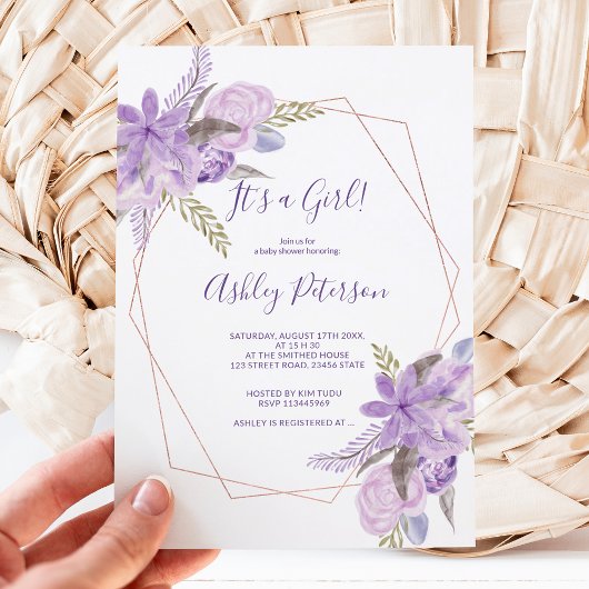Roos goudwaterverf paars floreel baby shower kaart