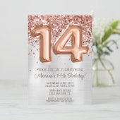 Roos Goudzilver 14e Verjaardagsfeestuitnodiging Kaart (Staand voorkant)