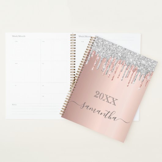 Roos goudzilver glitterroze monigram planner (Display)