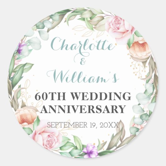 Roos Greenery 60th Diamond Wedding Jubileum Ronde Sticker (Voorkant)