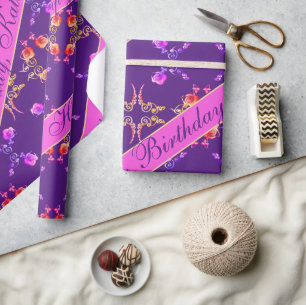roos "Happy Birthday" Harten op Paars Cadeaupapier