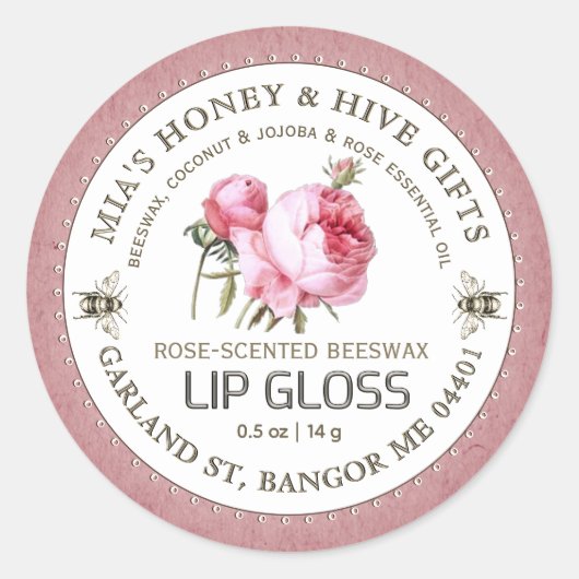  Roos & Honingbij Roze Lip Gloss Label (Voorkant)
