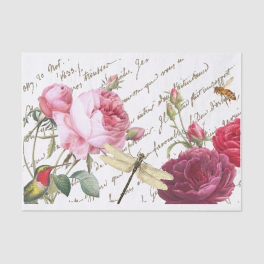 Roos Hummingbird Dragonfly Frans Script Honeybee Tissuepapier (Voorkant)
