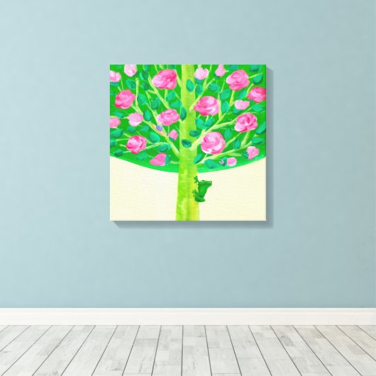 Roos | Kleine kikker | Vrolijk roze en groen Canvas Afdruk (Insitu (Houten vloer))